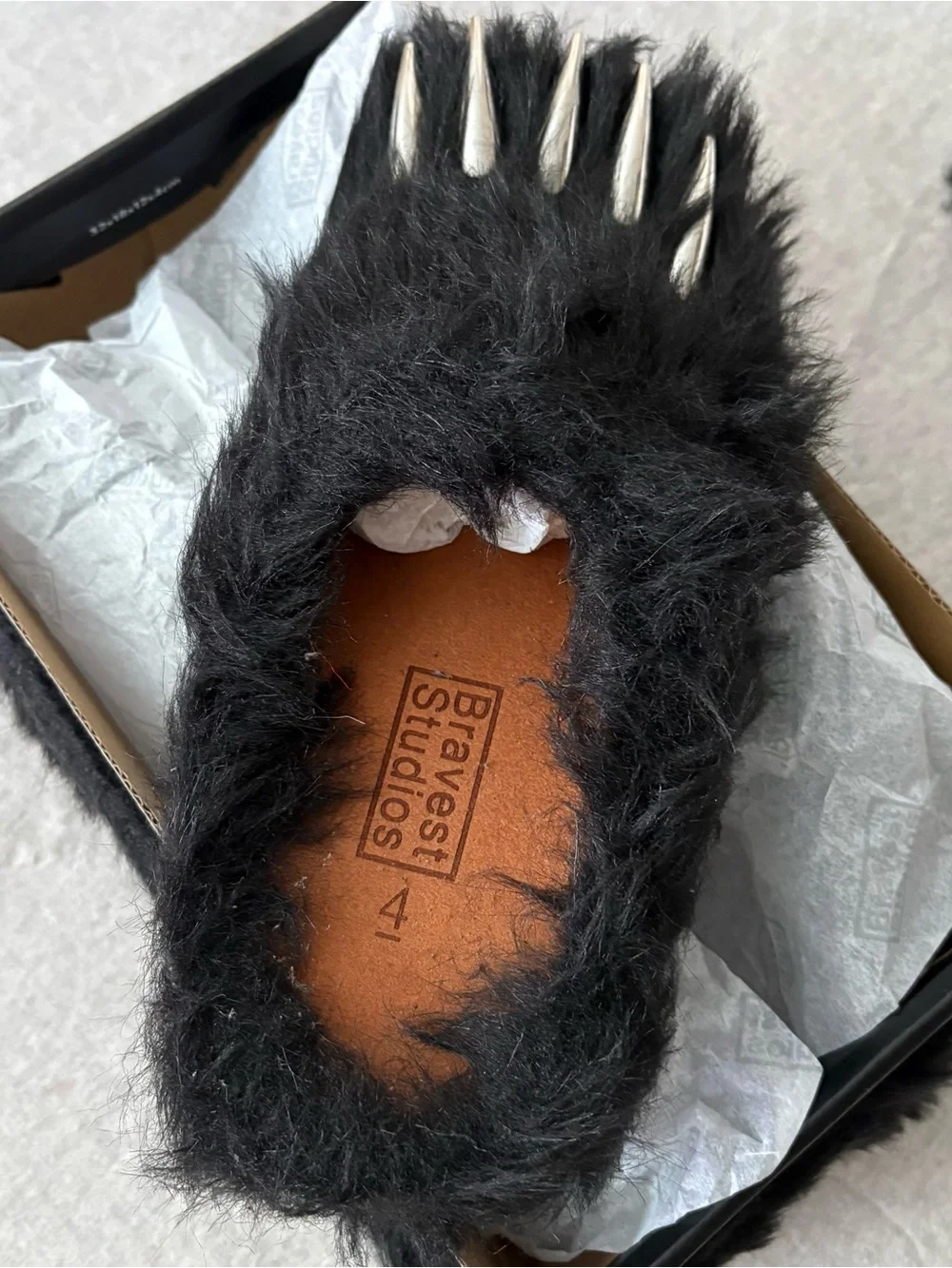 Bravest Studios Black Furry Kids Slippers with Silver Claws